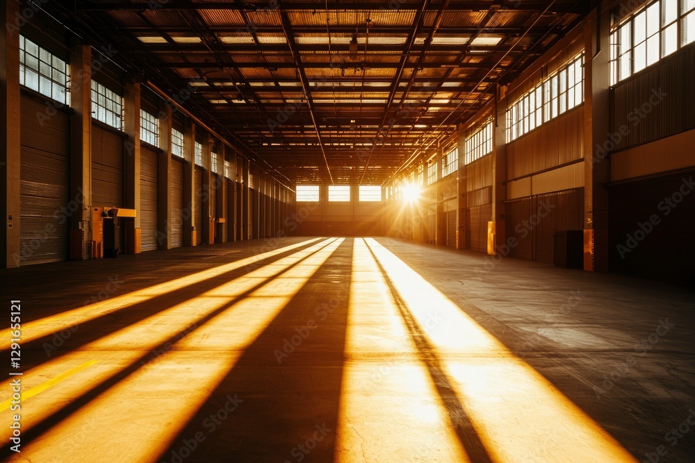 Sunrise in empty warehouse, sunbeams across floor. Industrial space, storage Sunrise in empty warehouse, sunbeams across floor. Industrial space, storage