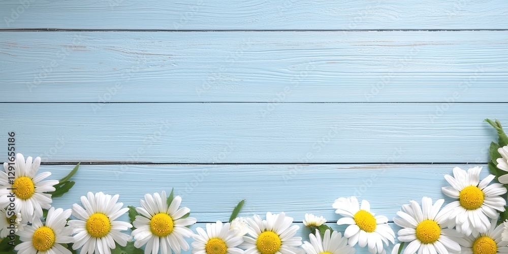 Obraz premium Happy Spring Flowers Background. Bright daisies on a rustic blue wooden surface create a cheerful, natural atmosphere.