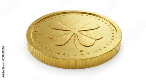 A 3D render of a golden coin with a shamrock imprint, St. Patrick's Day