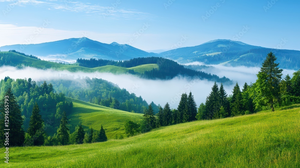 Fototapeta premium Misty Green Hills Under Fresh Mountain Air with Serenity and Calmness