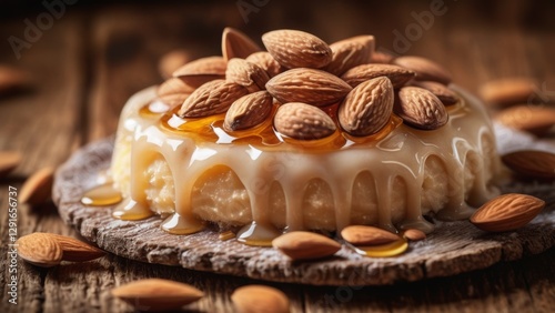 A delectable dessert featuring a creamy custard topped with whole almonds and drizzled with golden honey. The rustic wooden background enhances the natural and wholesome appeal of this sweet treat