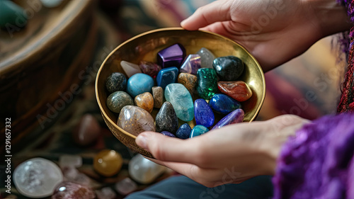 A person gently selects healing crystals from a brass bowl filled with vibrant gemstones photo