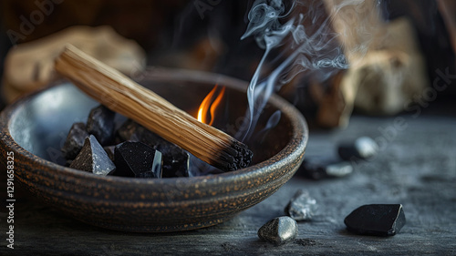A smoldering palo santo stick in ceramic dish. Black tourmaline and celestite gemstones. Healing and spiritual ritual