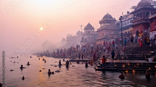 Sunrise Rituals at Varanasi's Sacred Ghats: Pilgrims Bathe and Pray in the Ganges River