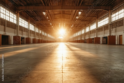 Sunset in large warehouse, empty floor, industrial space, background light