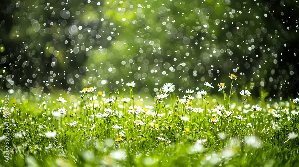 Obraz premium Daisies in a field on a sunny day with bokeh lights dancing above. A scene of tranquility and natural beauty, a relaxing moment. 
