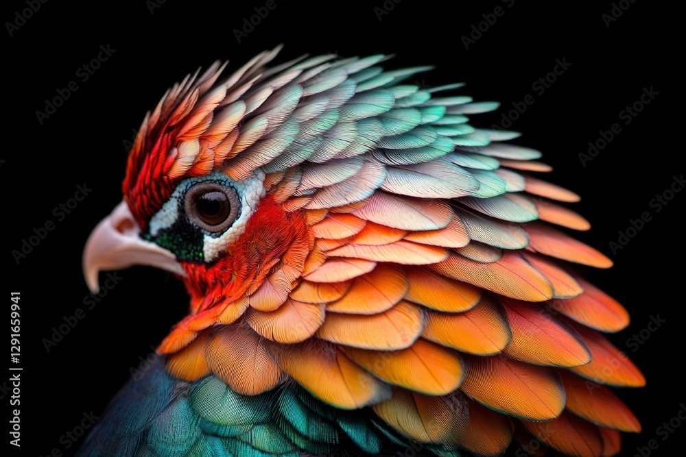 Obraz premium Colorful pheasant head close-up on black background, wildlife portrait