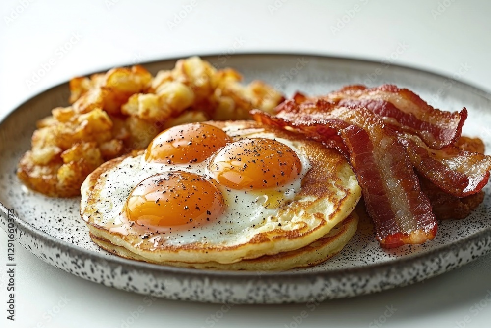 a serving of eggs, crispy bacon, golden pancakes topped with maple syrup, and a side of hash browns, a serving of eggs, crispy bacon, golden pancakes topped with maple syrup, and a side of hash browns,
