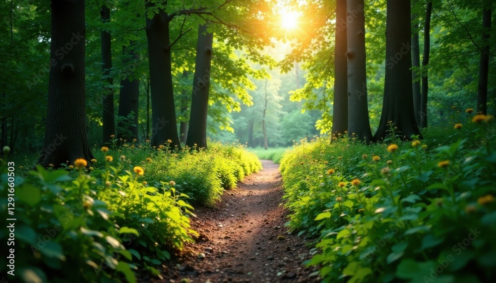 Obraz premium Sun-dappled forest trail, winding through lush greenery, wood, mossy, sunlight