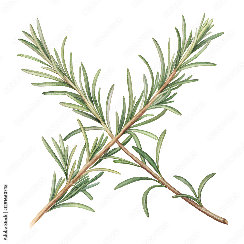 Fototapeta premium A sprig of rosemary with needle-like leaves and woody stems, positioned elegantly on an isolated white background, in a rustic botanical illustration style, with soft natural lighting to accentuate it