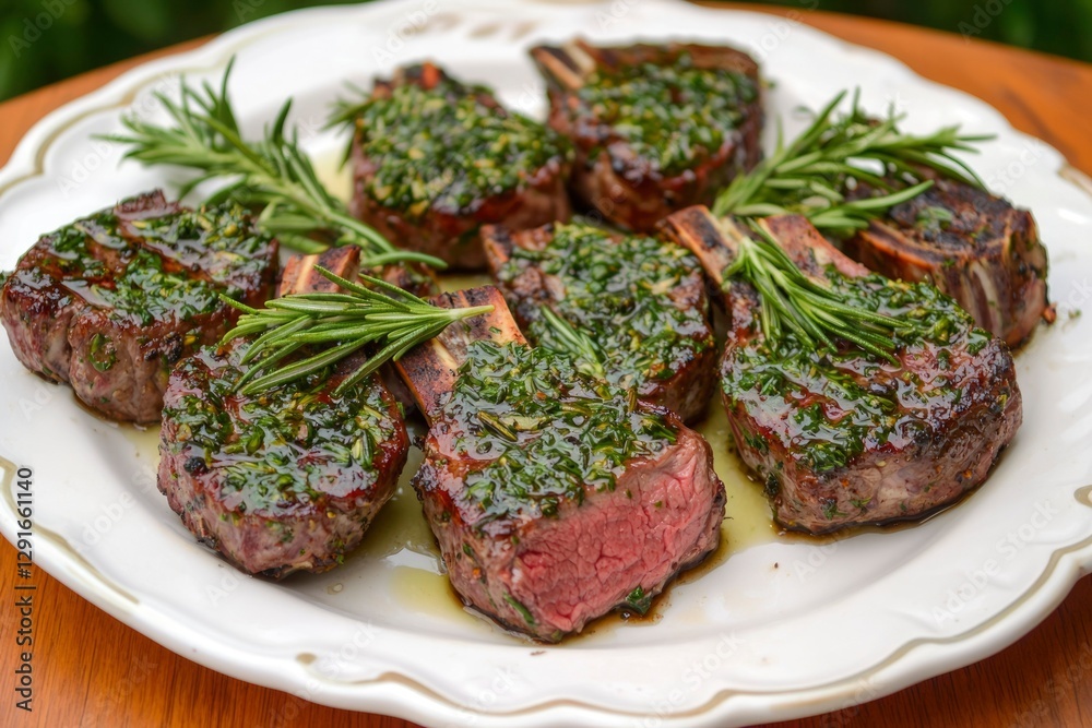 Grilled lamb chops with herb sauce, rosemary garnish, outdoor dining Grilled lamb chops with herb sauce, rosemary garnish, outdoor dining