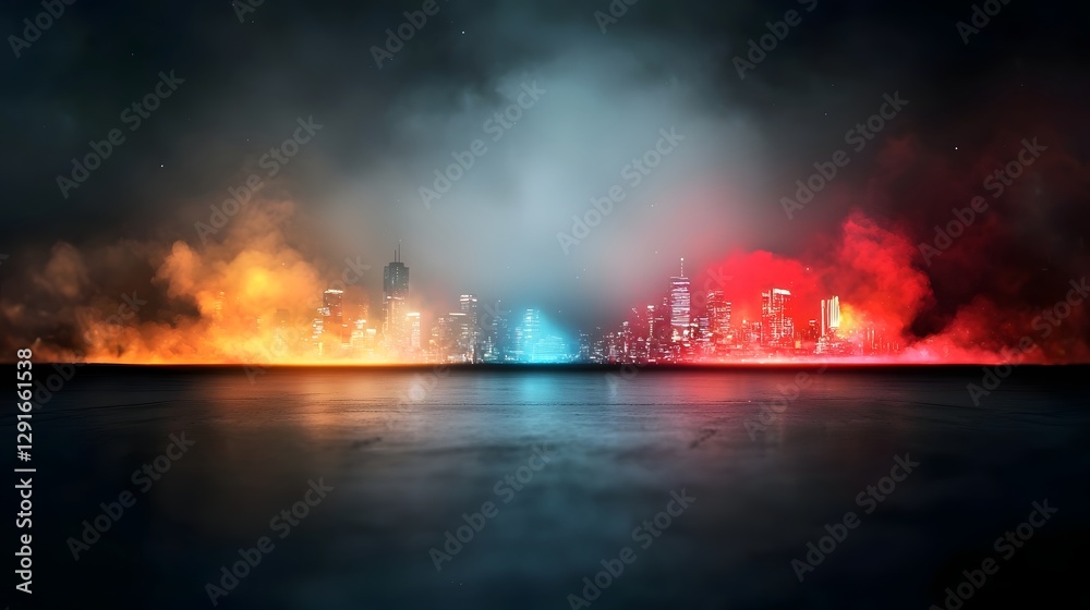 Obraz premium Minimalist dark futuristic cityscape with glowing neon lights on both sides in a style The scene features a dramatic skyline with illuminated skyscrapers reflecting in the water