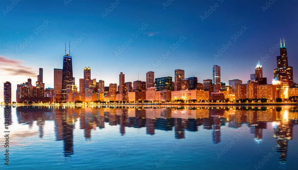 Obraz premium A stunning modern city skyline reflects beautifully on the calm waters during twilight.