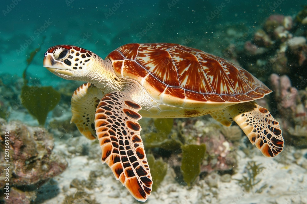 Fototapeta premium Sea turtle swimming coral reef underwater ocean wildlife