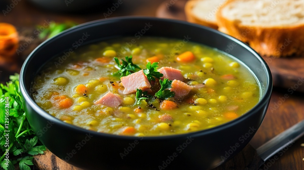 A bowl of split pea soup: Describe the thick, hearty soup with ham and vegetables, offering a comforting meal. A bowl of split pea soup: Describe the thick, hearty soup with ham and vegetables, offering a comforting meal.