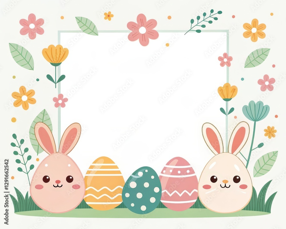 Obraz premium decorative Easter eggs and bunnies arranged around a blank frame, perfect for adding your personalized message and a joyful spring invitation