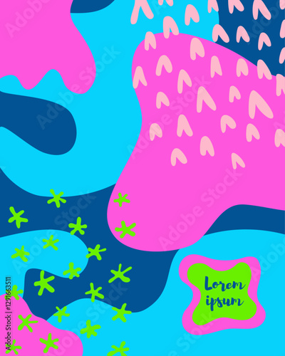 Illustration of a rectangular abstract background featuring various shapes and spots with a text placeholder. Templates for celebrations, ads, branding, banners, covers, labels, posters, sales. Vector