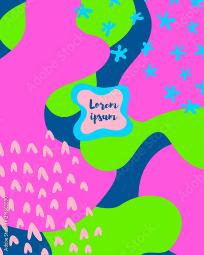 Illustration of a rectangular abstract background featuring various shapes and spots with a text placeholder. Templates for celebrations, ads, branding, banners, covers, labels, posters, sales. Vector