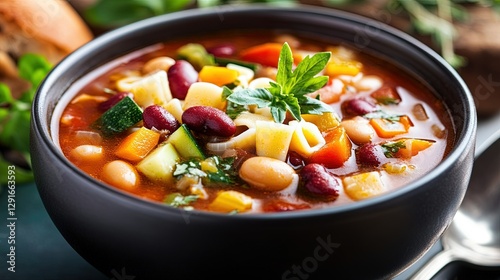 A bowl of minestrone soup: Detail the hearty mix of vegetables, beans, and pasta in a rich tomato broth.