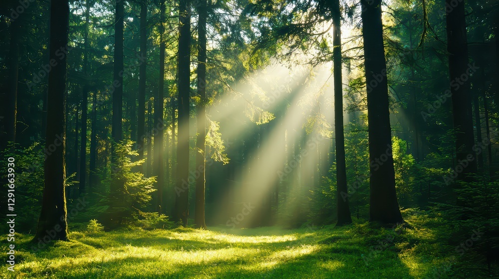 Naklejka premium Sunlight Filtering Through Trees in a Peaceful Forest Setting