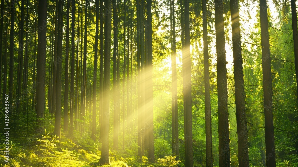 Fototapeta premium Sunlight Filtering Through Trees in a Peaceful Forest Setting