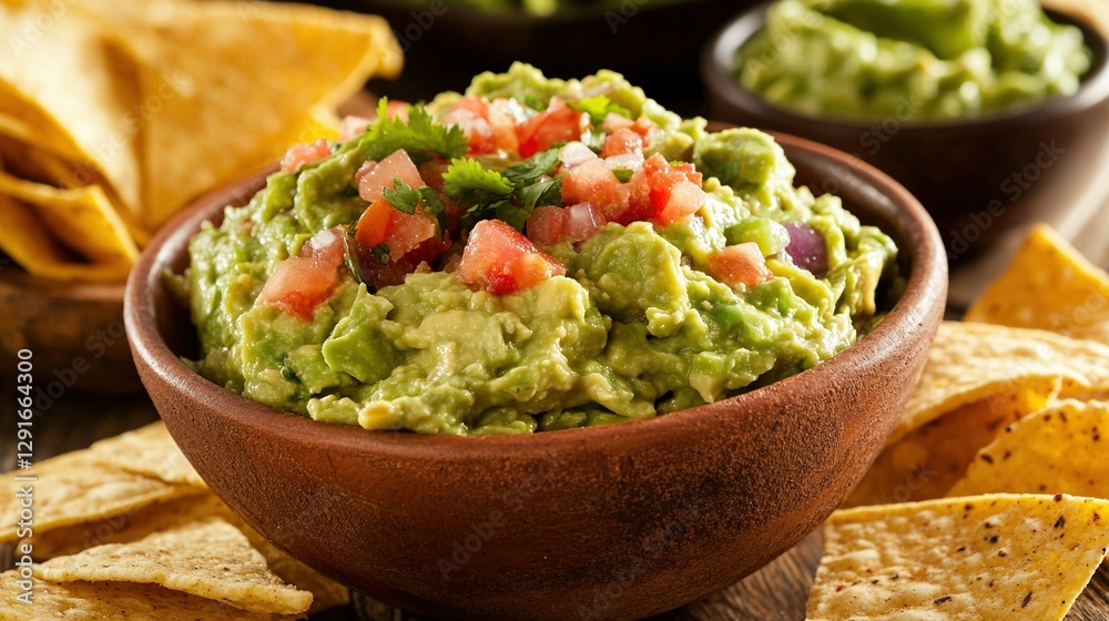A bowl of guacamole, fresh and chunky, served with tortilla chips and a side of salsa. A bowl of guacamole, fresh and chunky, served with tortilla chips and a side of salsa.