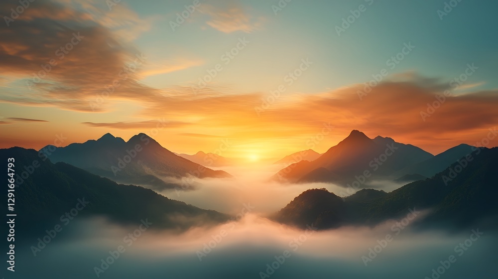 Misty rugged mountain peaks rising on both sides bathed in the warm golden glow of the rising sun with a soft empty sky in the center