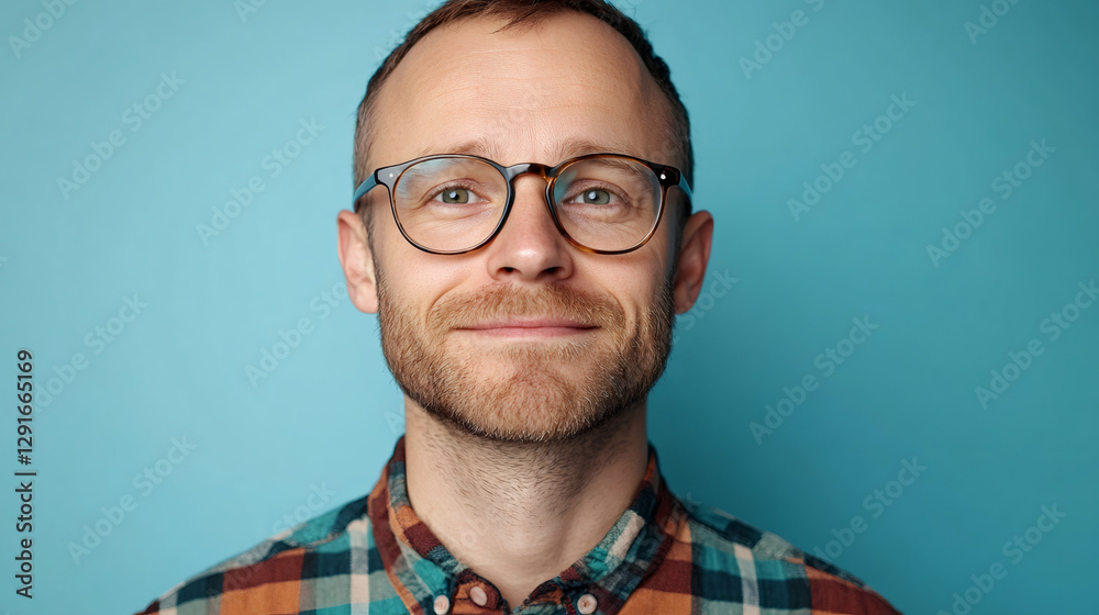 Professional man with glasses smiling confidently, wearing plaid shirt against vibrant blue background, radiating friendly workplace persona Professional man with glasses smiling confidently, wearing plaid shirt against vibrant blue background, radiating friendly workplace persona