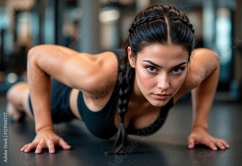 mujer morena de ojos verdes haciendo flexiones en el gimnasio de deporte, calistenia