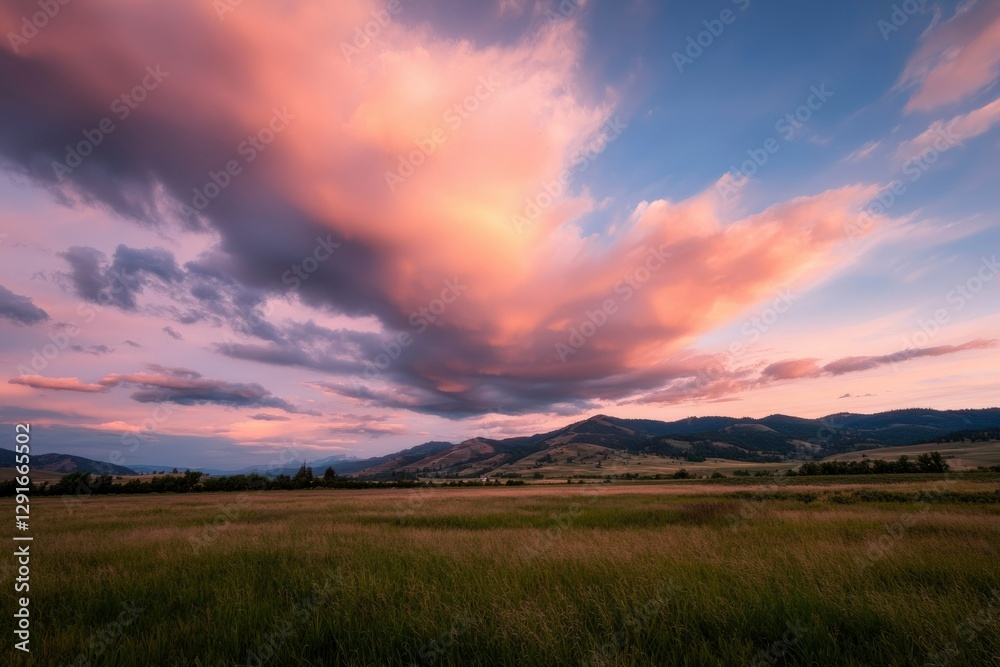 Pink sunset over mountain valley, grassland. Peaceful nature scene Pink sunset over mountain valley, grassland. Peaceful nature scene