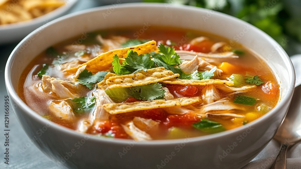 A bowl of chicken tortilla soup: Detail the flavorful broth, tender chicken, and the crunch of tortilla strips. A bowl of chicken tortilla soup: Detail the flavorful broth, tender chicken, and the crunch of tortilla strips.