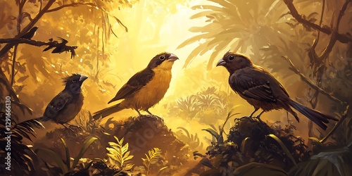 Dramatic depiction of Darwin's finches different islands each species adapted distinct beak shapes surrounded varied vegetation terrain golden sunlight highlighting the diversity of colors and forms