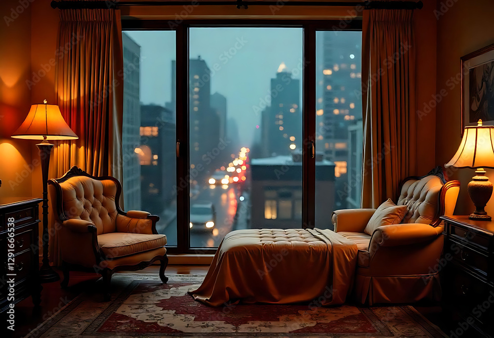 A luxurious room shows a city view with soft lighting and elegant furniture A luxurious room shows a city view with soft lighting and elegant furniture