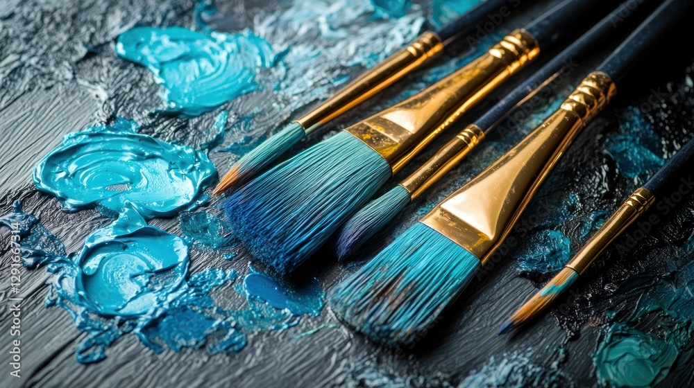 Teal paint brushes on a dark wooden artist's palette Teal paint brushes on a dark wooden artist's palette