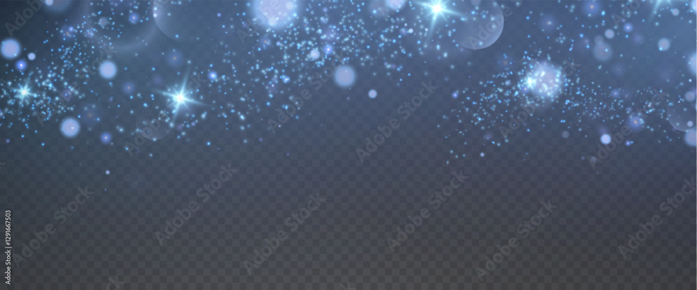 Fototapeta premium Bokeh light effect background, christmas blue dust, festive glitter dust for banners, cards, advertisement. Christmas glowing dust background png, vector.