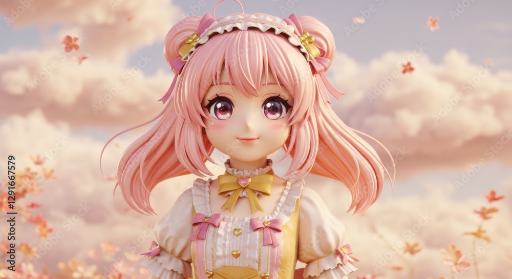 Fototapeta premium Adorable Pink-Haired Anime Girl in Dreamy Landscape
