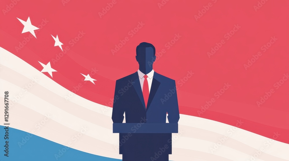 Political Nomination Speech with Silhouette of Candidate Against Abstract Flag Background Political Nomination Speech with Silhouette of Candidate Against Abstract Flag Background