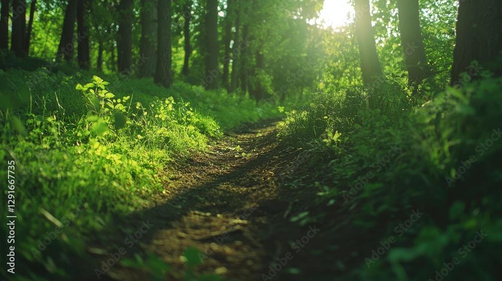 Obraz premium Forest path bathed in sunlight, ideal for nature and travel themes