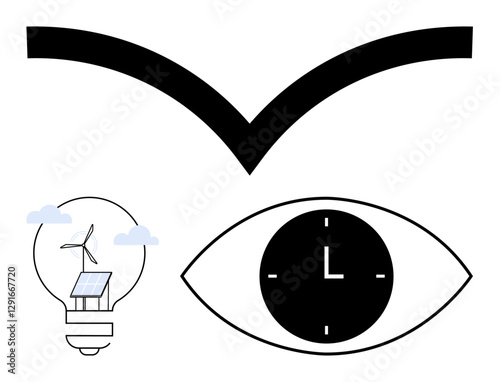 Bold checkmark, light bulb with solar panel and windmill, clock in eye shape. Ideal for sustainability, vision, time management, renewable energy, innovation, progress abstract line flat metaphor