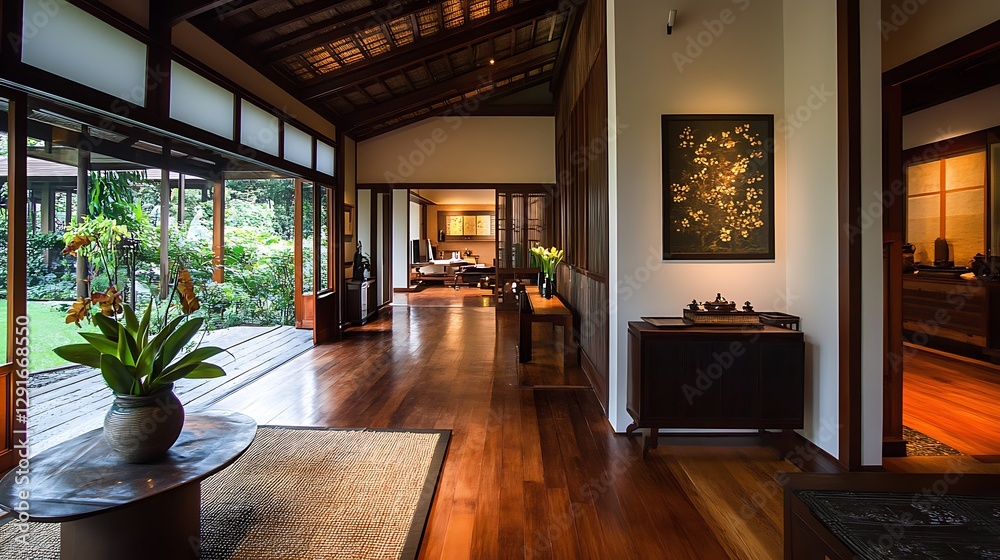 Fototapeta premium Tranquil Interior Design: Sunlit Asian-Inspired Home Corridor AI Generated