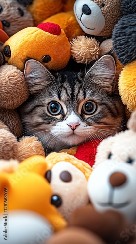 Adorable Cat Curiously Peering from a Colorful Pile of Plush Toys and Stuffed Animals in Soft Surroundings