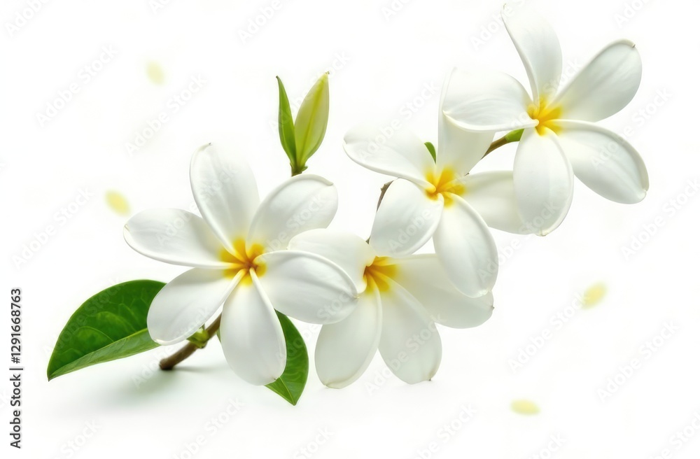 Obraz premium Beautiful jasmine flowers with leaves in air on white background 