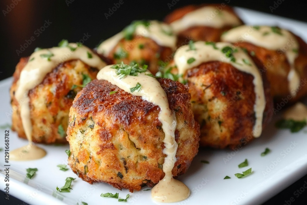 Crispy crab cakes with creamy sauce on white plate, close-up, restaurant setting Crispy crab cakes with creamy sauce on white plate, close-up, restaurant setting