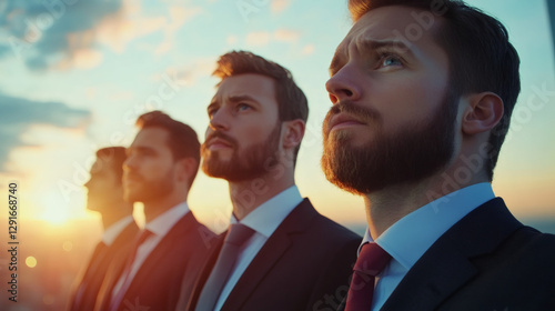 Four businessmen gazing upward at the vibrant sunset, embodying hope and ambition as they envision a successful future together