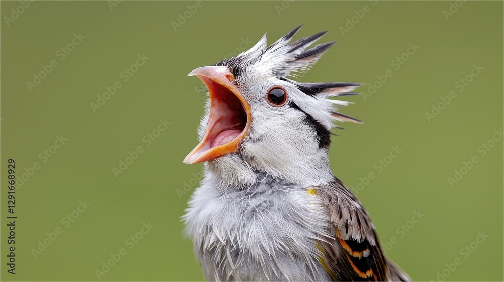 Fototapeta premium Crested fledgling bird vocalizing with its beak wide open against a soft green background during the day.