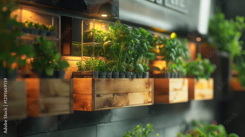 Indoor Plant Display with Wooden Boxes and Soft Lighting in a Modern Decor Environment Indoor Plant Display with Wooden Boxes and Soft Lighting in a Modern Decor Environment