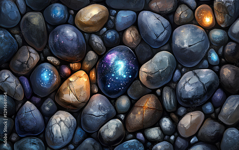 A creative arrangement of stones featuring a galaxy designed stone amid smooth, textured pebbles at a close range, showcasing rich colors and diverse patterns A creative arrangement of stones featuring a galaxy designed stone amid smooth, textured pebbles at a close range, showcasing rich colors and diverse patterns