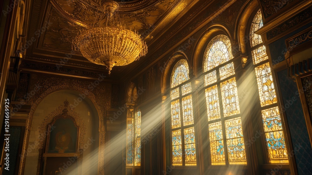 Obraz premium Sunbeams Illuminate Gilded Room with Stained Glass Windows and Crystal Chandelier