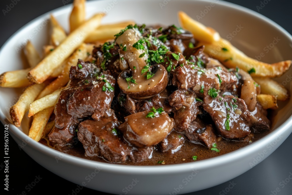 Close-up of rich beef bourguignon with mushrooms, served with french fries in a white bowl, garnished with parsley. Close-up of rich beef bourguignon with mushrooms, served with french fries in a white bowl, garnished with parsley.
