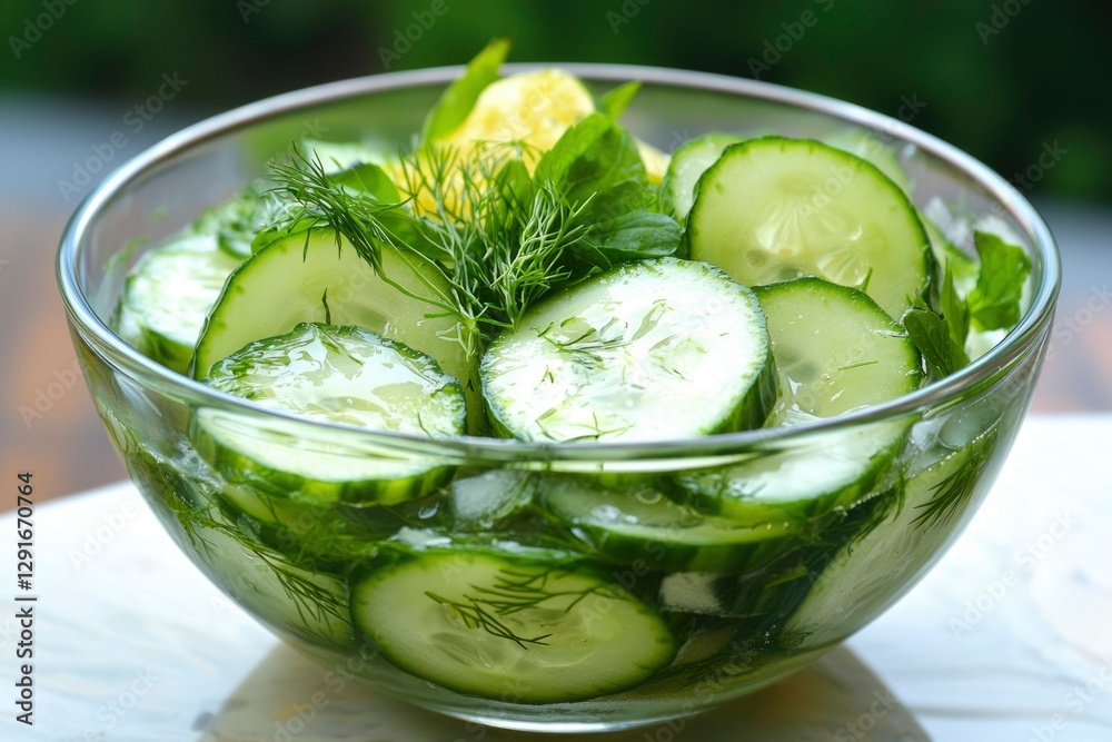 Refreshing cucumber salad in glass bowl, outdoors Refreshing cucumber salad in glass bowl, outdoors